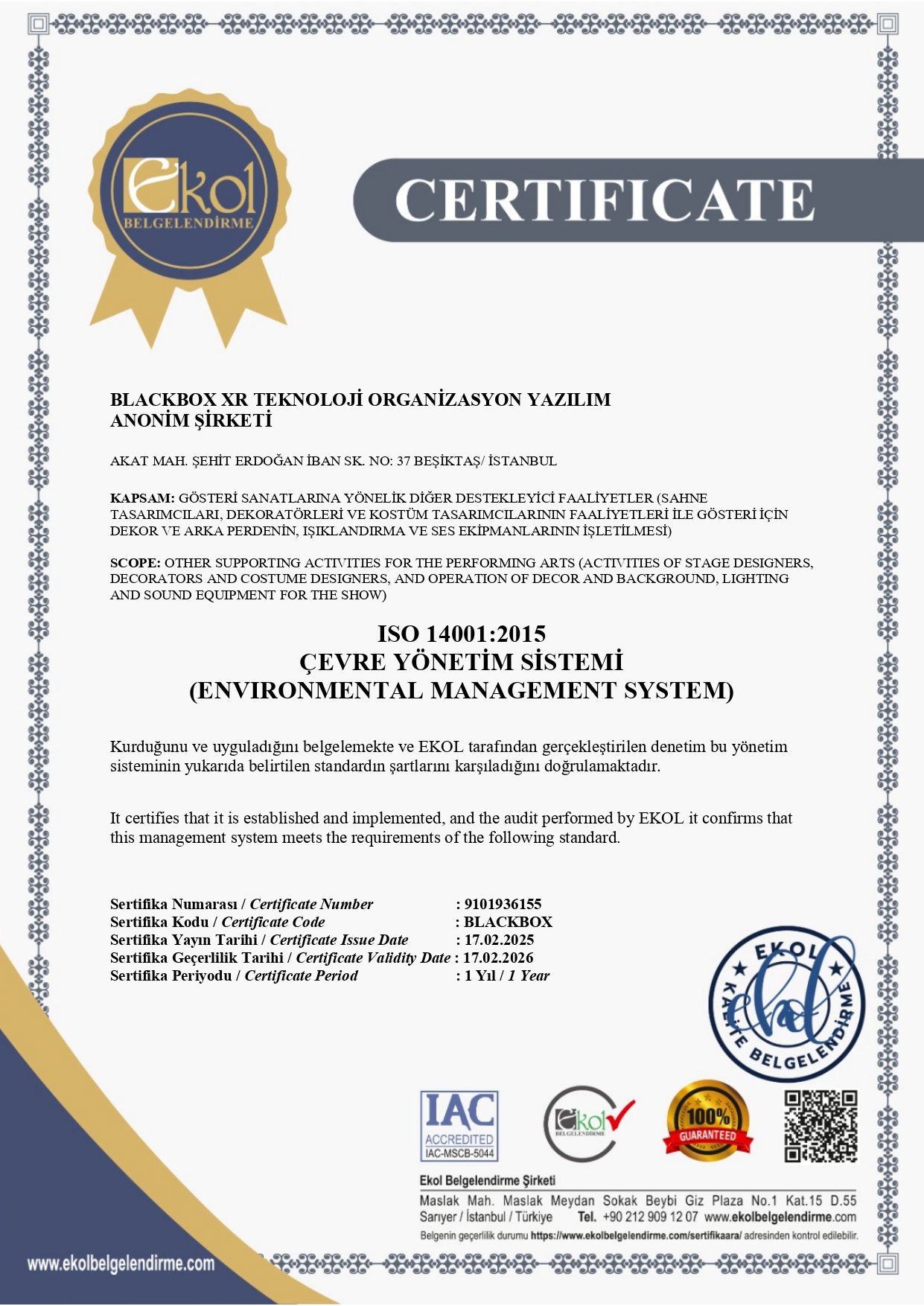 ISO 14001:2015 Çevre Yönetim Sistemi Sertifikası
